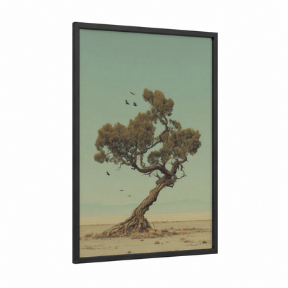 Desert Juniper framed juniper tree print — black wood frame — sage green and beige palette