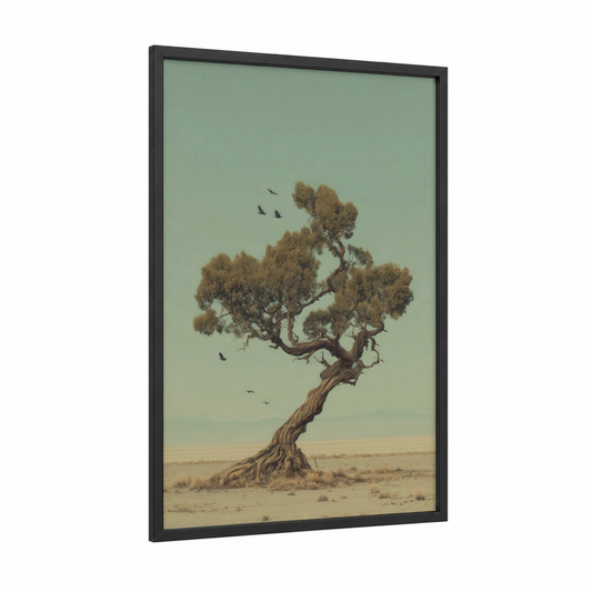 Desert Juniper framed juniper tree print — black wood frame — sage green and beige palette