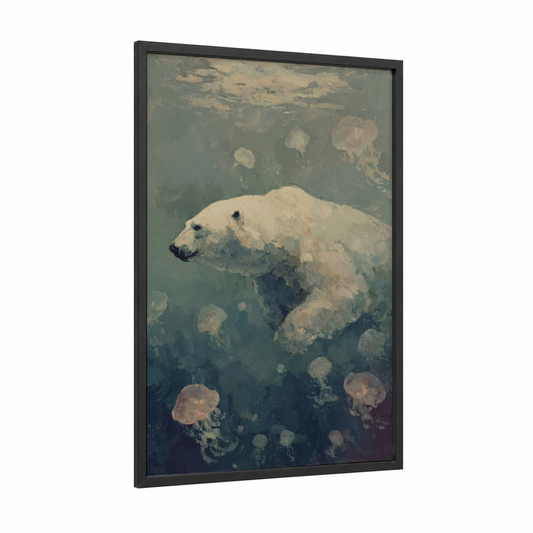 Jellyfish Polar Bear framed art print — black wood frame — sage green and gray palette