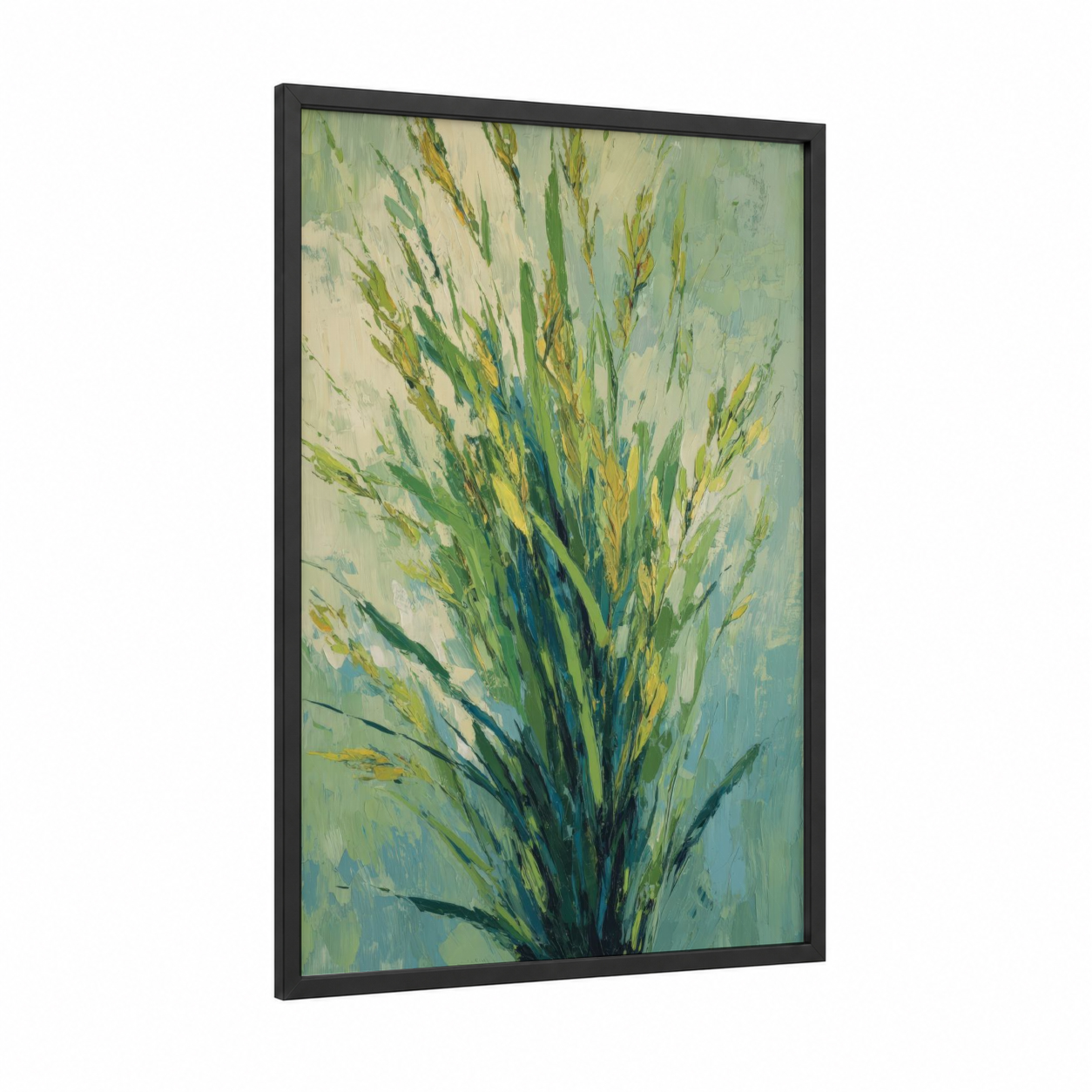 Golden Herb Burst framed herbs print — black wood frame — light green and yellow gold palette