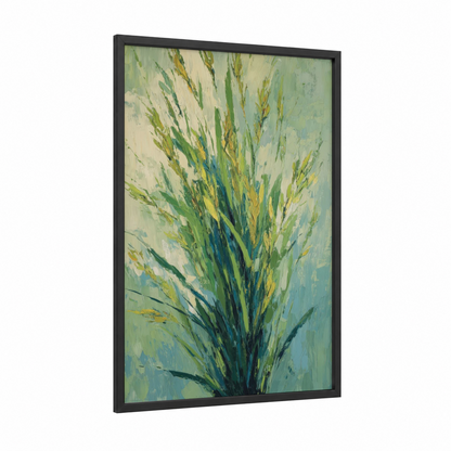 Golden Herb Burst framed herbs print — black wood frame — light green and yellow gold palette