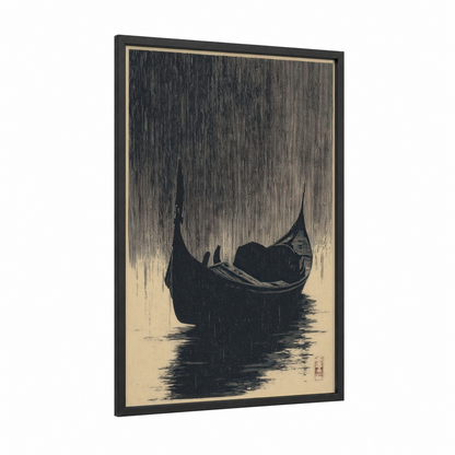 Rainy Gondola framed art print — black wood frame — black and white and cream palette