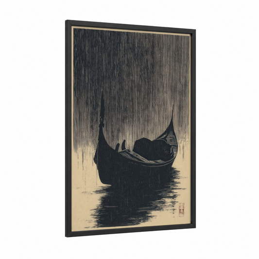 Rainy Gondola framed art print — black wood frame — black and white and cream palette