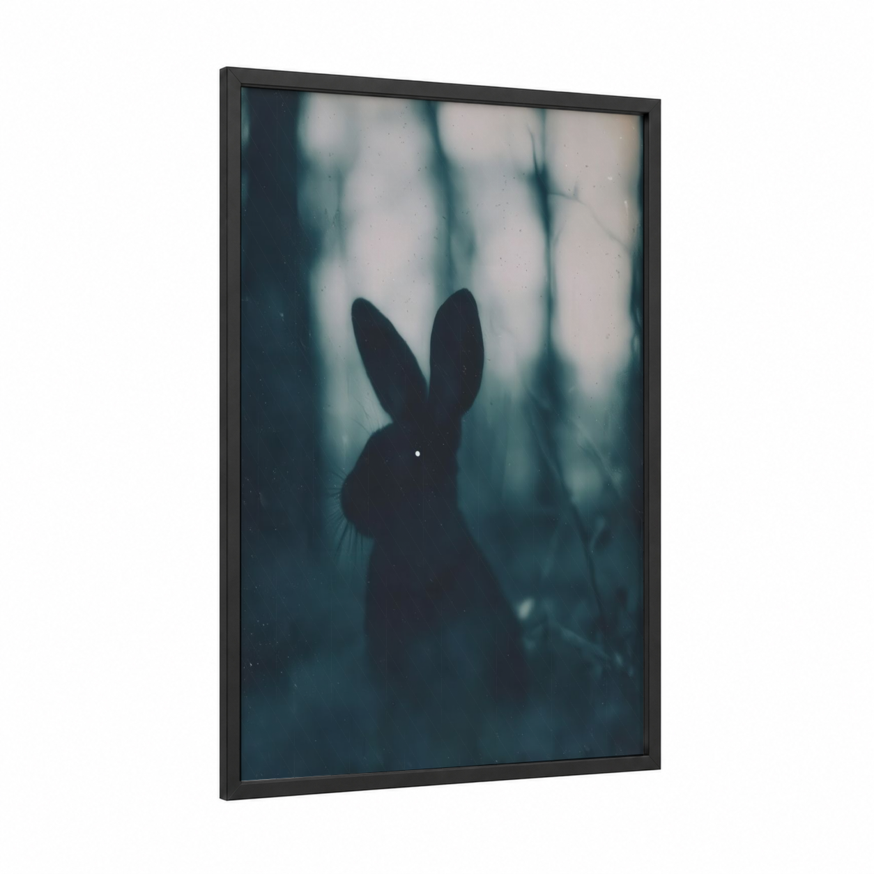 Mysterious Forest Rabbit framed art print — black wood frame — blue and white and black palette