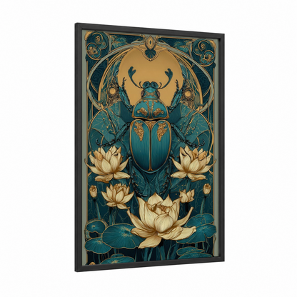 Sacred Scarab Beetle framed art print — black wood frame — teal and gold palette