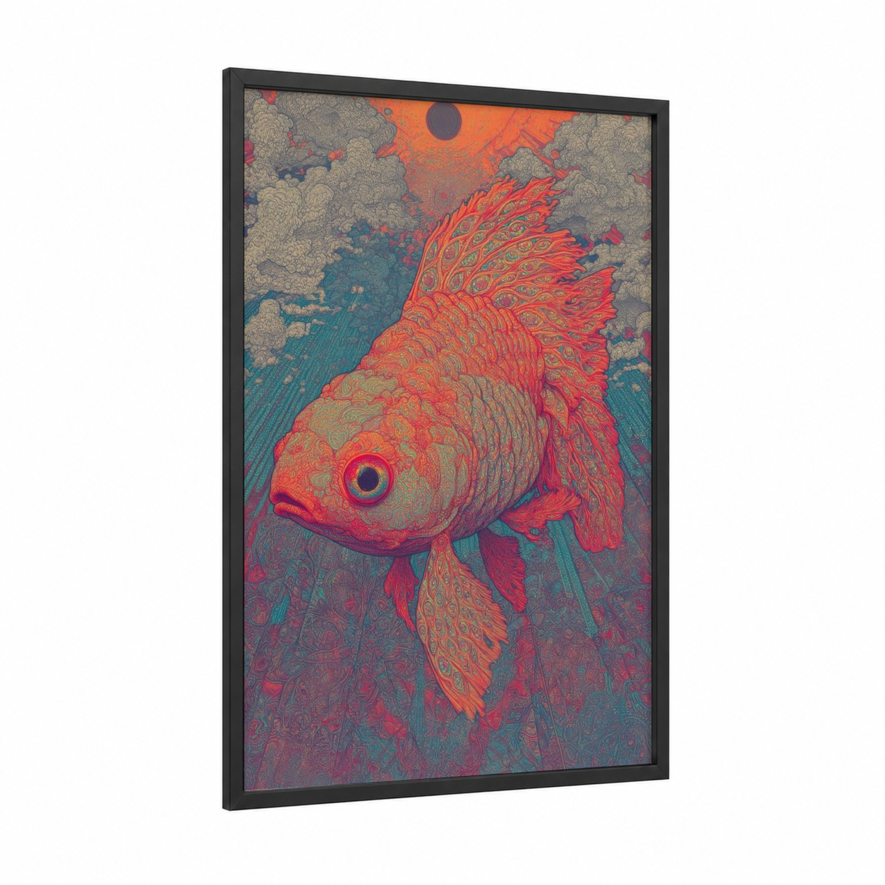 Crimson Goldfish framed art print — black wood frame — red and teal palette
