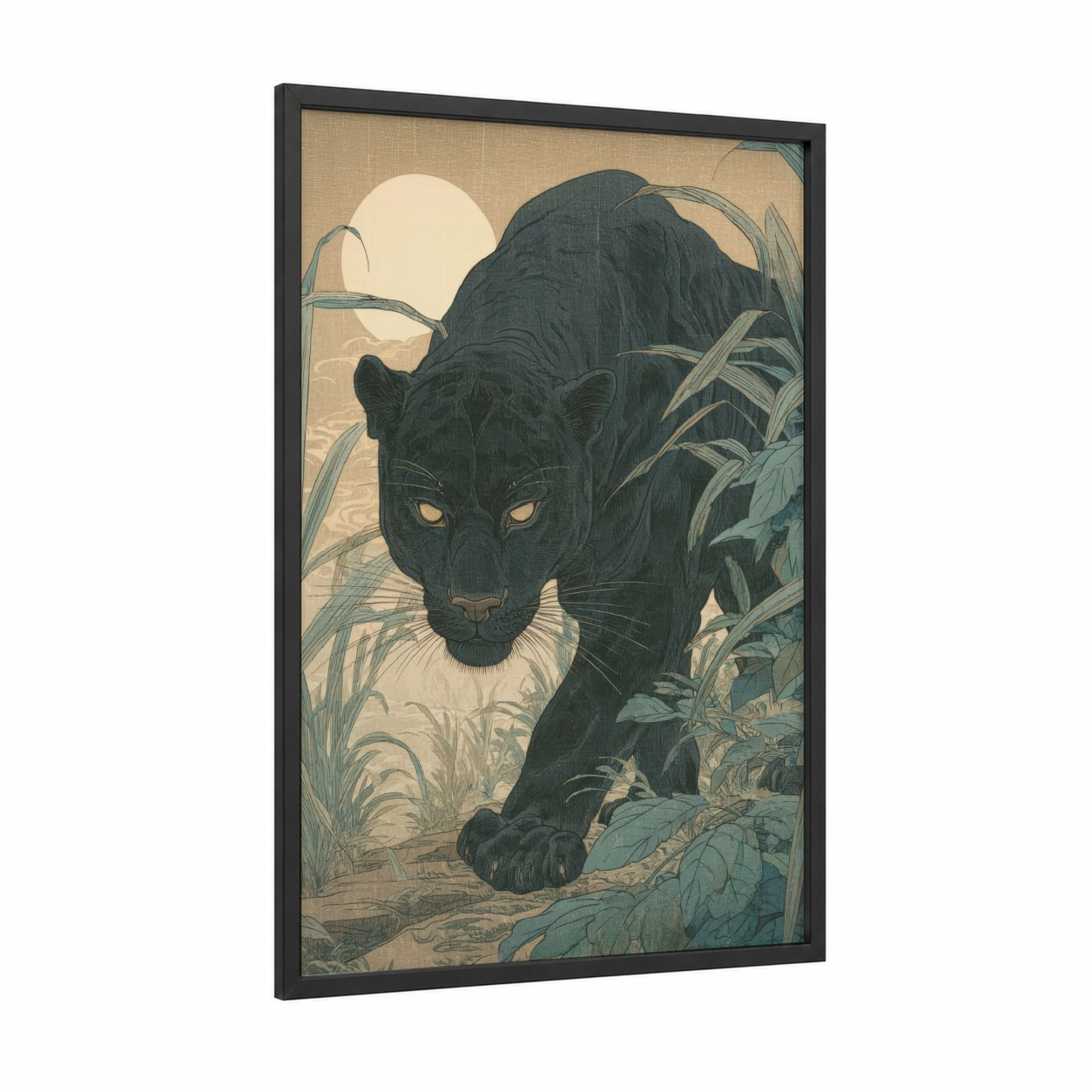 Moonlit Panther framed art print — black wood frame — black and sage green palette