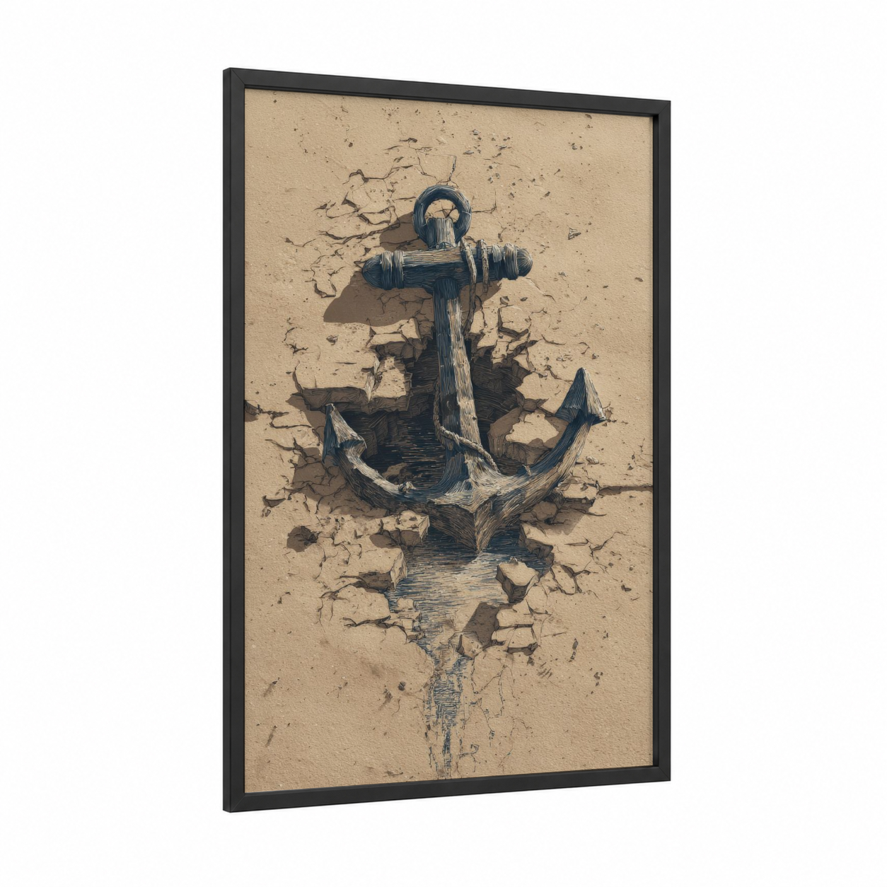 Weathered Sand Anchor framed art print — black wood frame — beige and black palette
