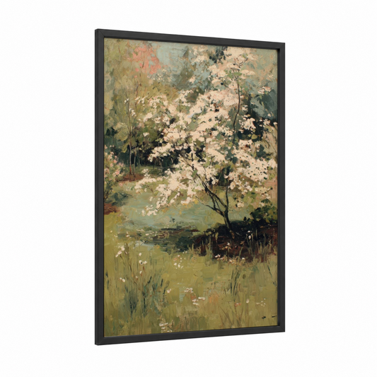 Dogwood Spring Stream framed art print — black wood frame — cream and sage green palette