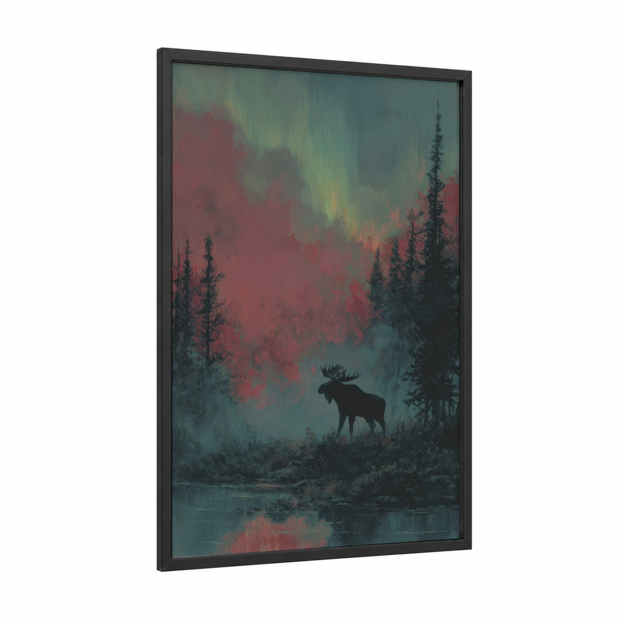 Aurora Moose framed art print — black wood frame — teal and rose gold palette