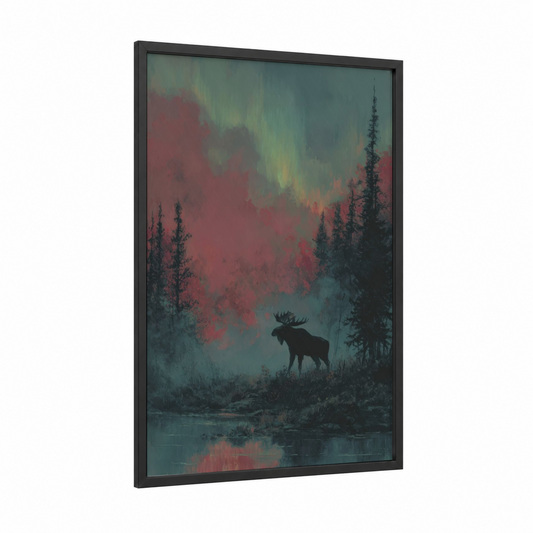 Aurora Moose framed art print — black wood frame — teal and rose gold palette