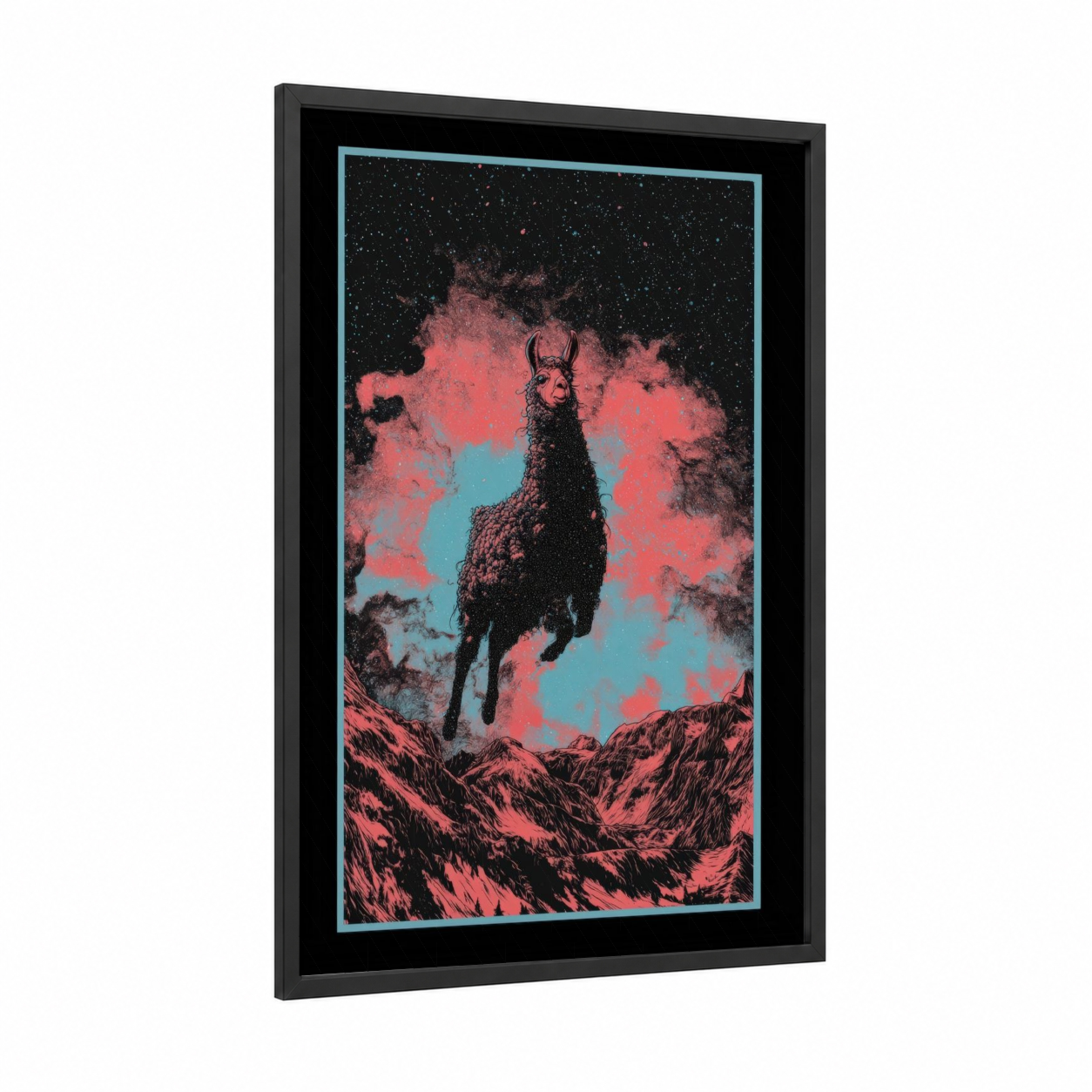 Cosmic Llama framed art print — black wood frame — magenta and teal palette