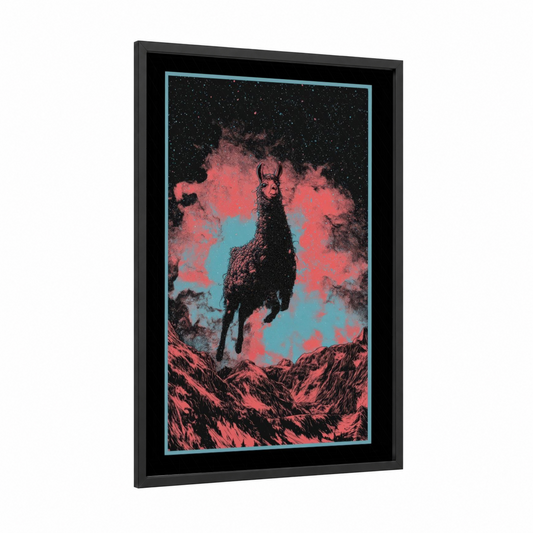 Cosmic Llama framed art print — black wood frame — magenta and teal palette