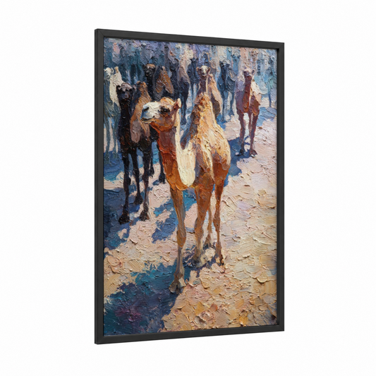 Desert Caravan framed camel print — black wood frame — gold and blue palette
