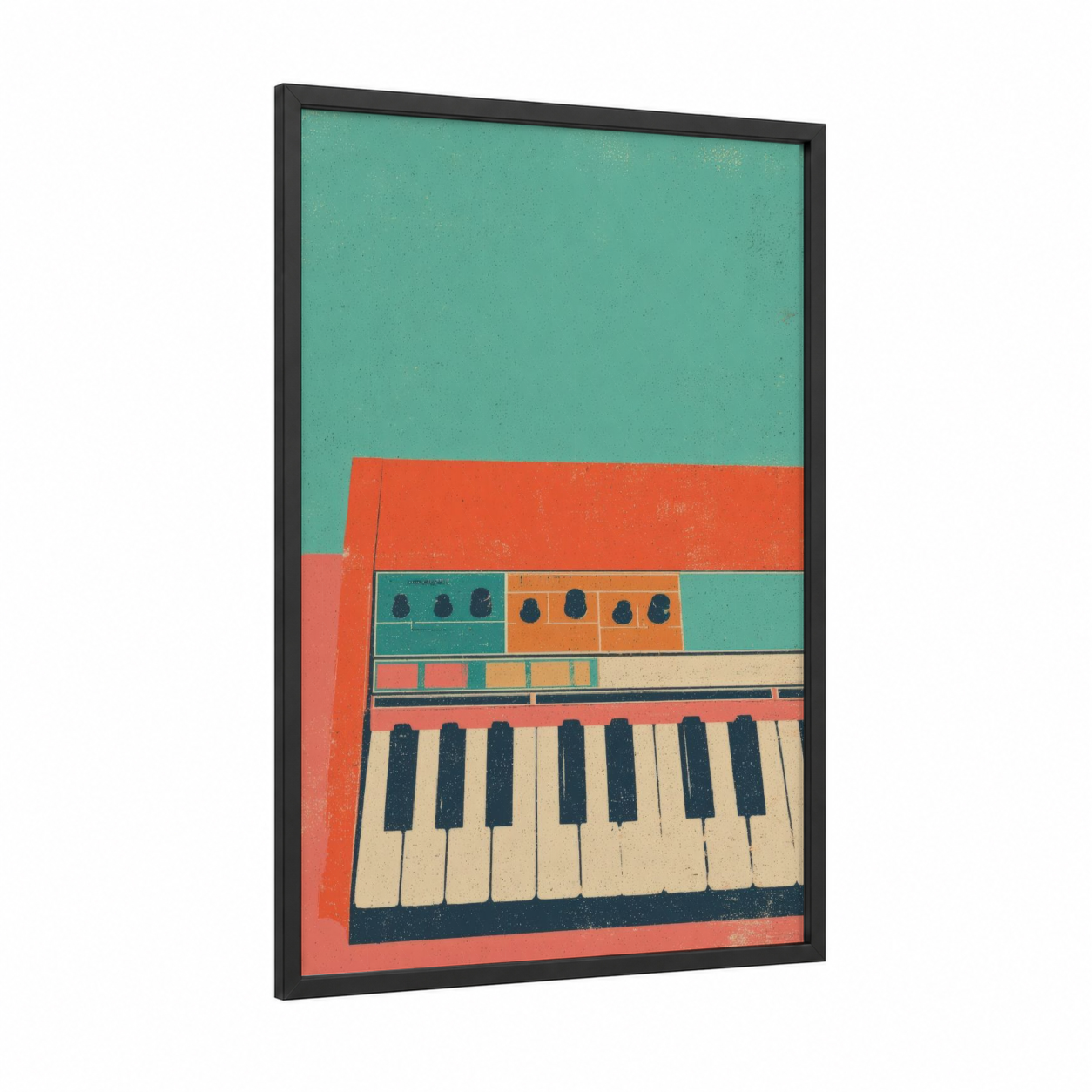 Retro Keyboard framed art print — black wood frame — turquoise palette