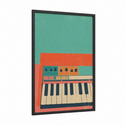 Retro Keyboard framed art print — black wood frame — turquoise palette