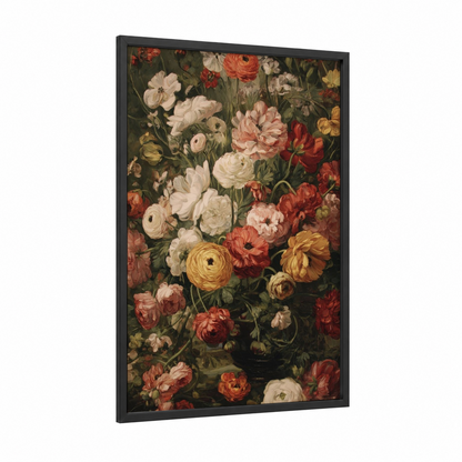 Vintage Ranunculus Garden framed art print — black wood frame — cream and russet palette