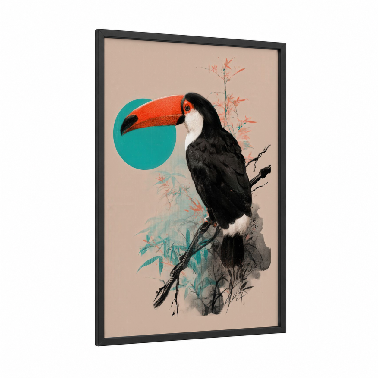 Tropical Toucan framed art print — black wood frame — teal and peach palette
