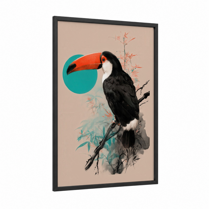 Tropical Toucan framed art print — black wood frame — teal and peach palette