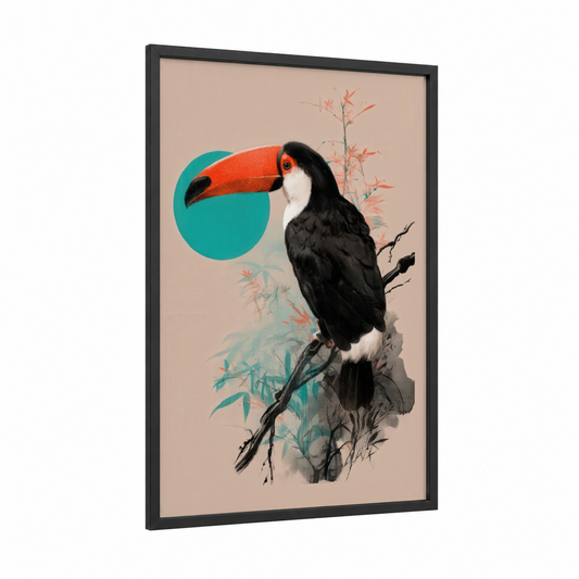 Tropical Toucan framed art print — black wood frame — teal and peach palette