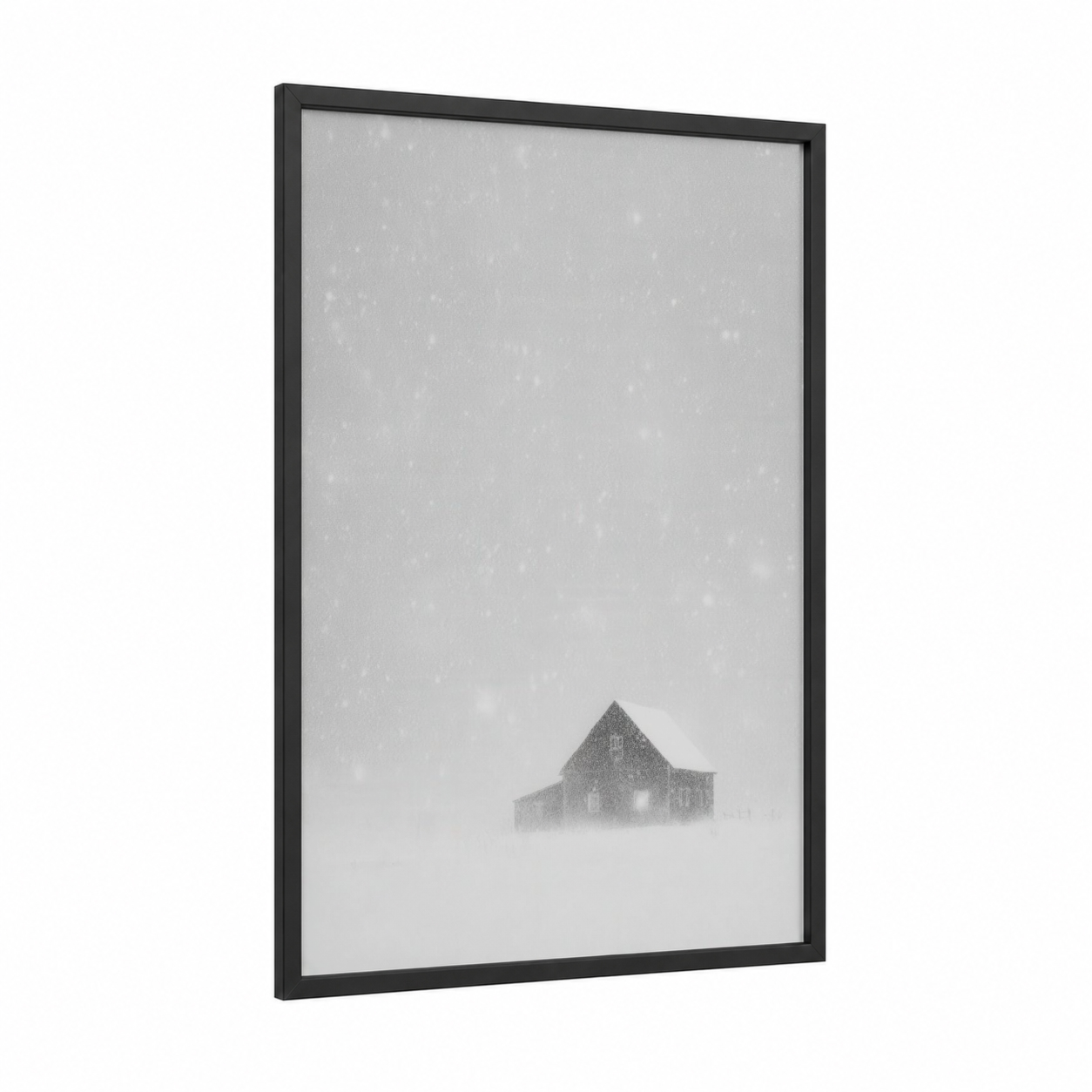 Snowy Barn framed art print — black wood frame — gray and white palette