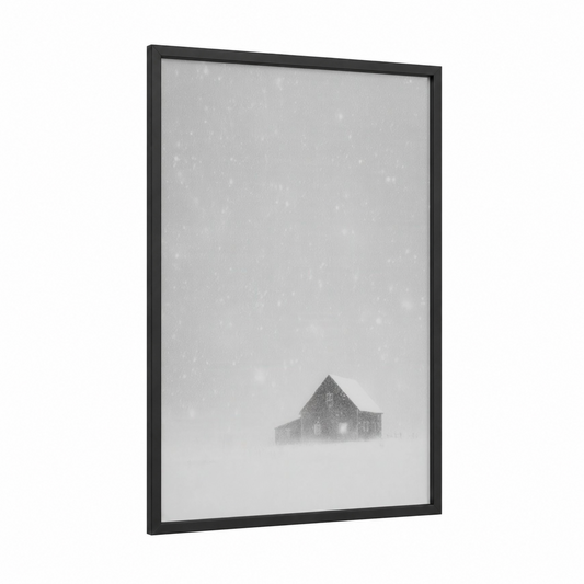 Snowy Barn framed art print — black wood frame — gray and white palette