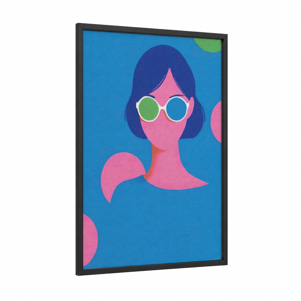 Retro Fashion Portrait framed fashion illustration print — black wood frame — blue and pink palette
