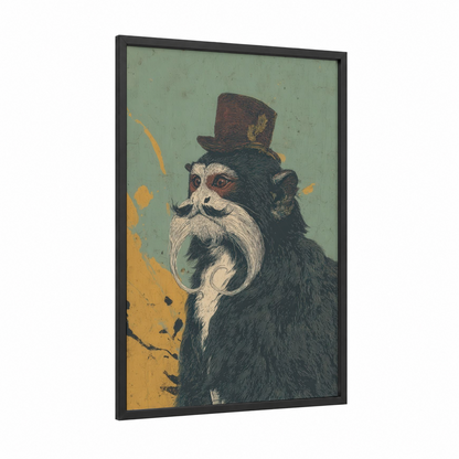 Dapper Monkey framed art print — black wood frame — sage green and gold palette