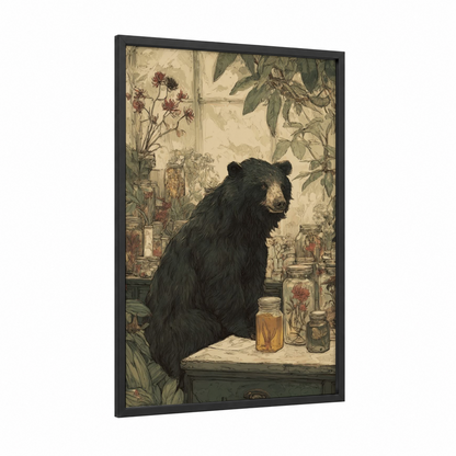 Botanical Bear framed sloth bear print — black wood frame — cream and sage green palette