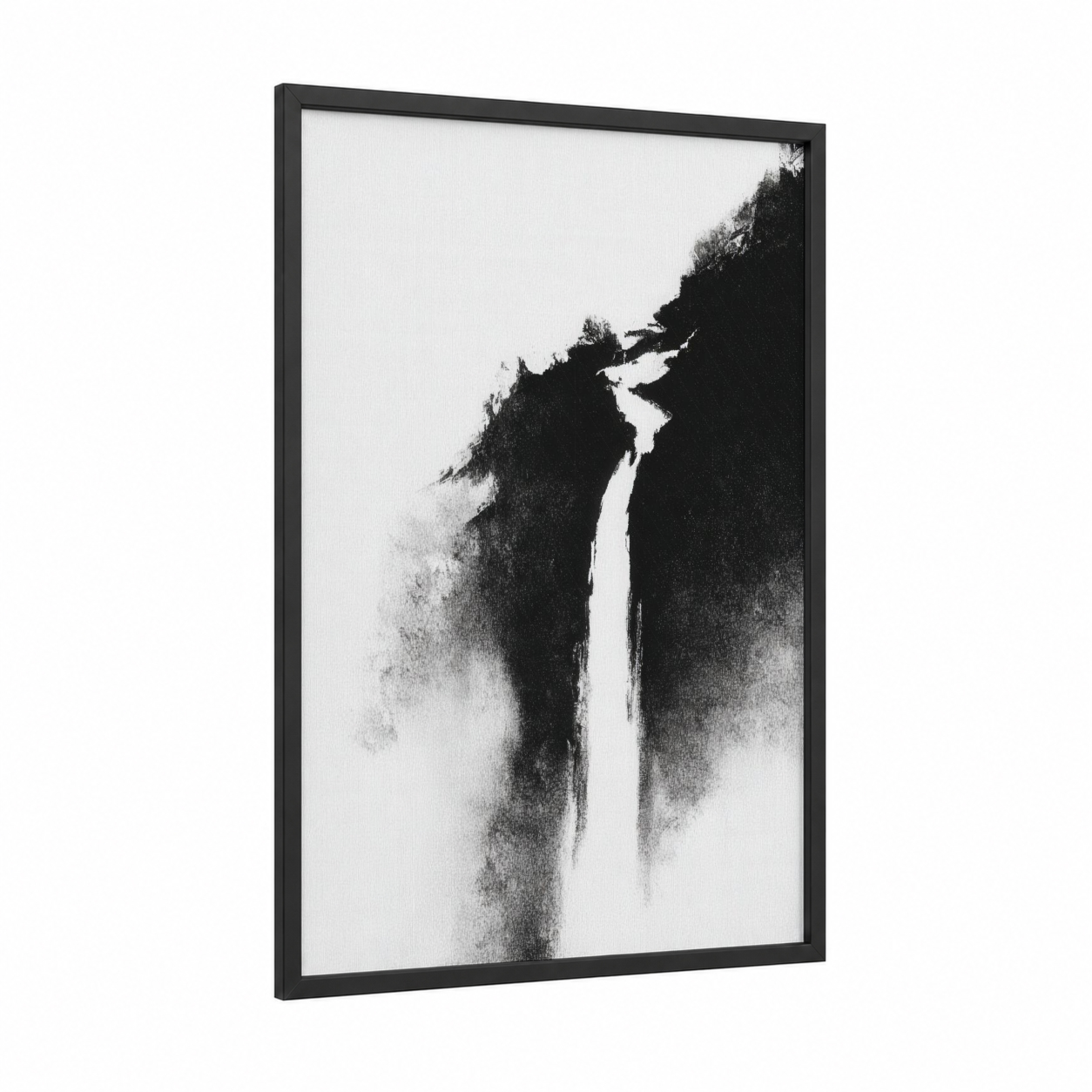 Misty Waterfall framed art print — black wood frame — black and white and gray palette