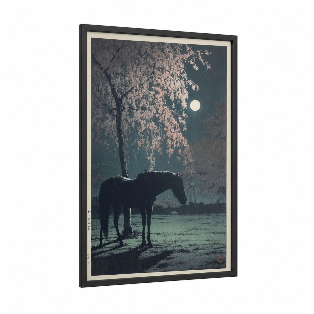 Moonlit Thoroughbred framed thoroughbred horse print — black wood frame — teal and cream palette