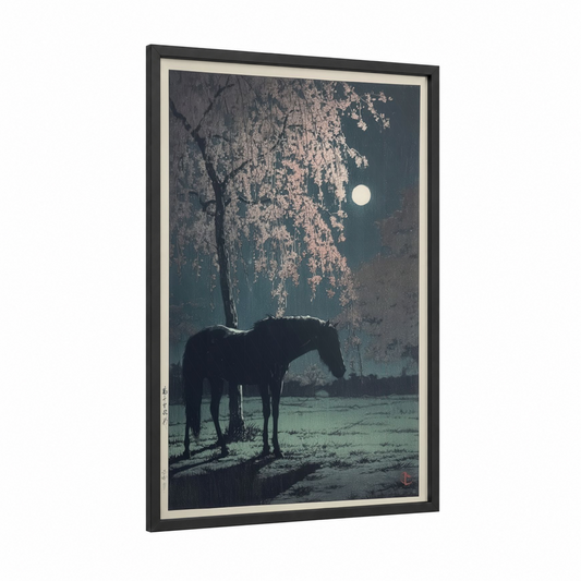Moonlit Thoroughbred framed thoroughbred horse print — black wood frame — teal and cream palette