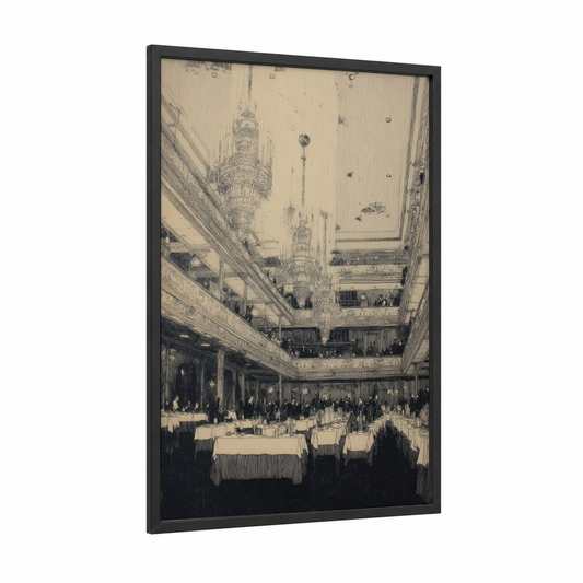 Grand Ballroom Elegance framed cruise ship print — black wood frame — cream and black and white palette