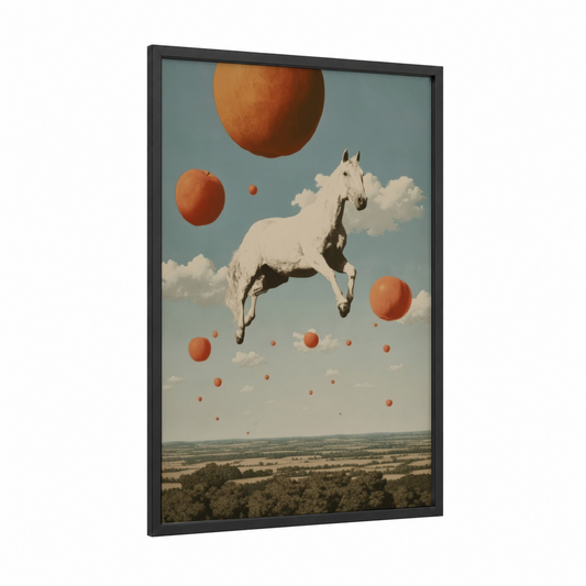 Celestial Quarter Horse framed art print — black wood frame — pumpkin and blue palette