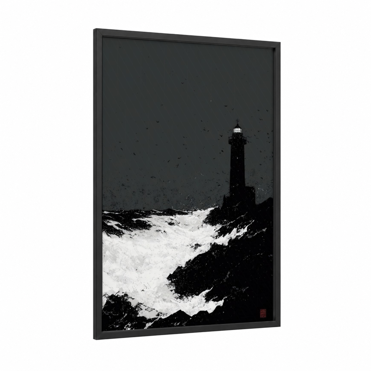 Storm Lighthouse framed seascapes and ocean print — black wood frame — black and white palette