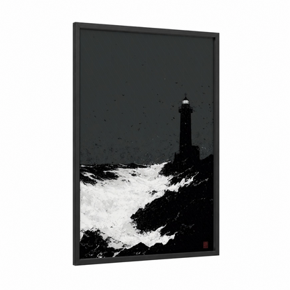 Storm Lighthouse framed seascapes and ocean print — black wood frame — black and white palette