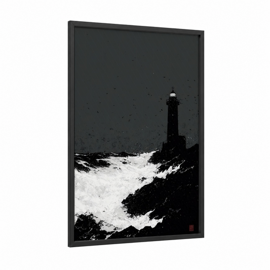 Storm Lighthouse framed seascapes and ocean print — black wood frame — black and white palette