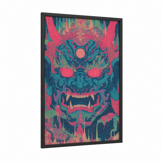 Neon Dharma Mask framed buddhism print — black wood frame — magenta and teal palette