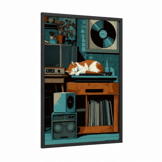 Vinyl Cat Dreaming framed art print — black wood frame — teal and orange palette
