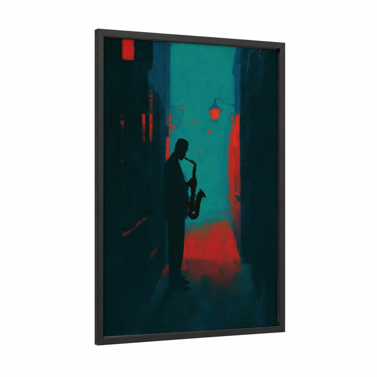 Midnight Saxophonist framed blues print — black wood frame — teal and red palette