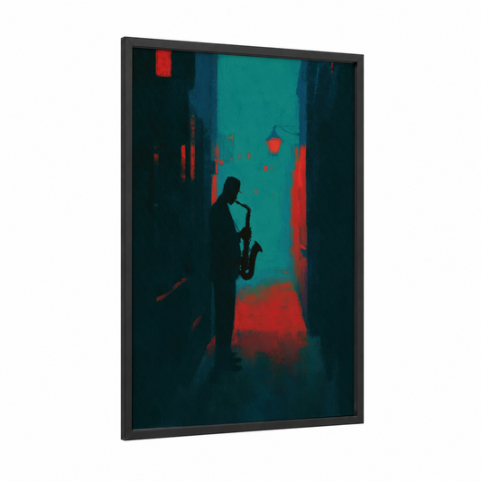 Midnight Saxophonist framed blues print — black wood frame — teal and red palette