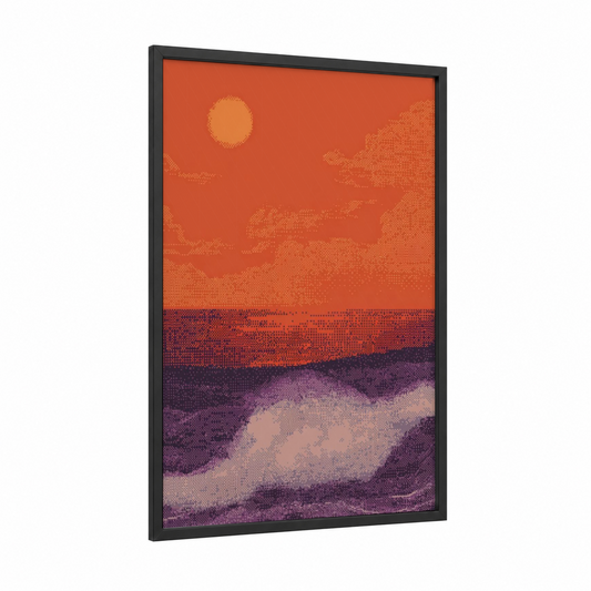 Sunset Beadwork framed art print — black wood frame — orange and purple palette