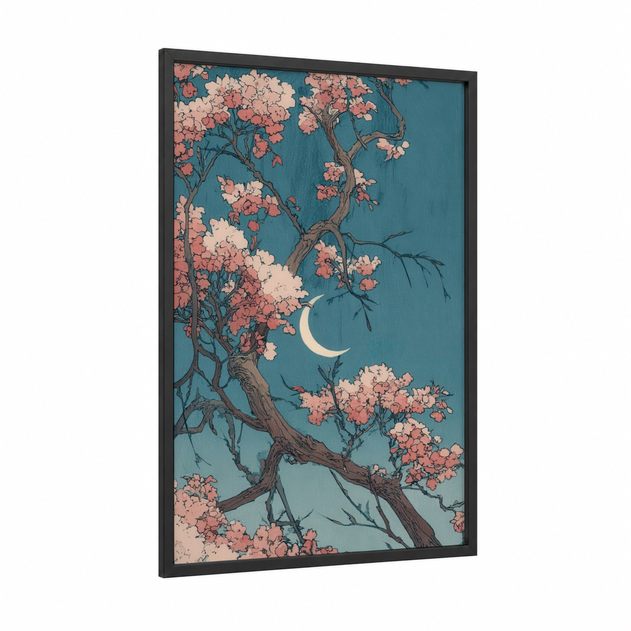 Moonlit Cherry Tree framed fruit trees print — black wood frame — teal and peach palette