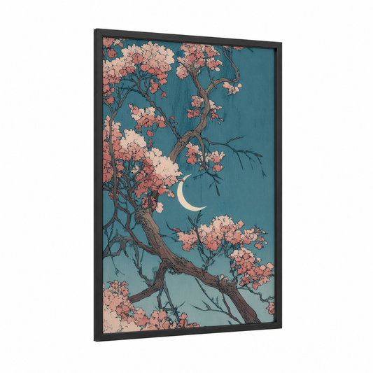 Moonlit Cherry Tree framed fruit trees print — black wood frame — teal and peach palette
