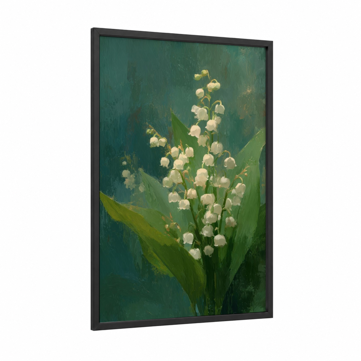 Lily of the Valley framed christian symbols print — black wood frame — teal and light green palette