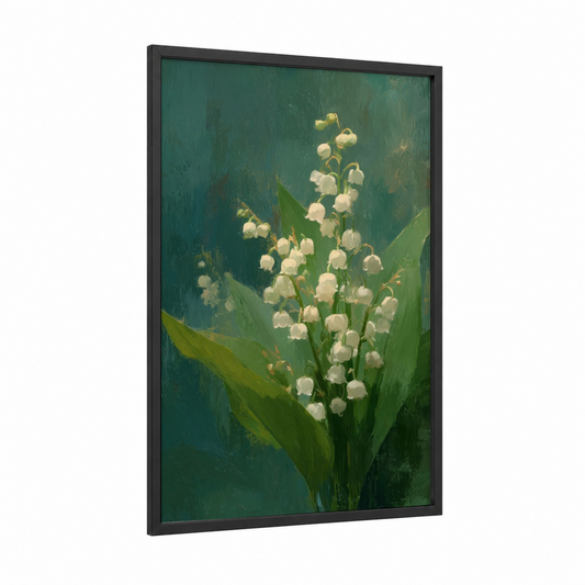 Lily of the Valley framed christian symbols print — black wood frame — teal and light green palette