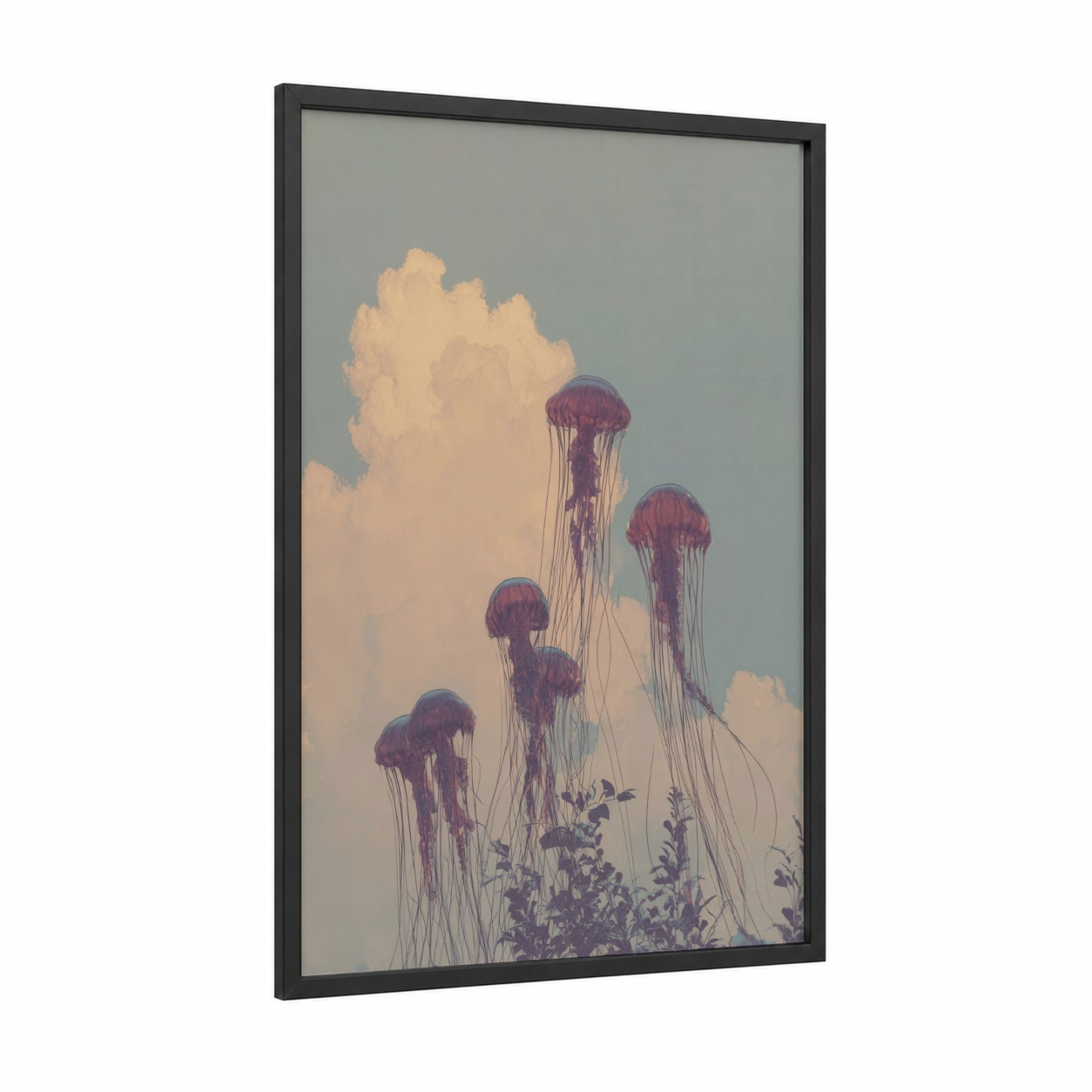 Dreaming Jellyfish framed art print — black wood frame — lavender and peach palette