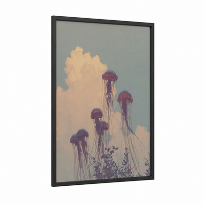 Dreaming Jellyfish framed art print — black wood frame — lavender and peach palette