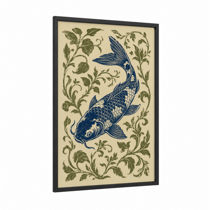 Koi Fish Japanese Botanical Wall Art framed art print — black wood frame — blue and beige palette