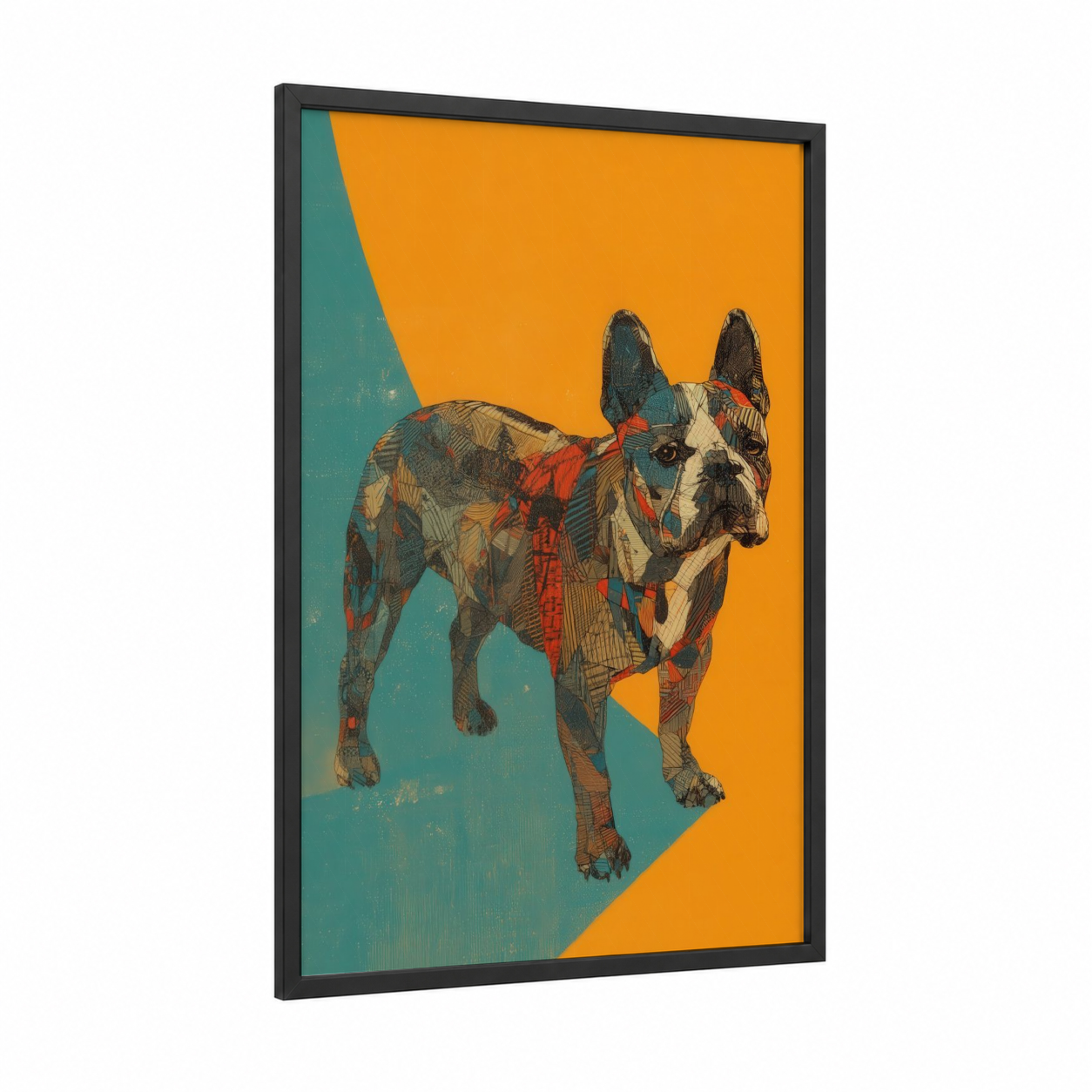 Colorblock Bulldog framed art print — black wood frame — gold and teal palette